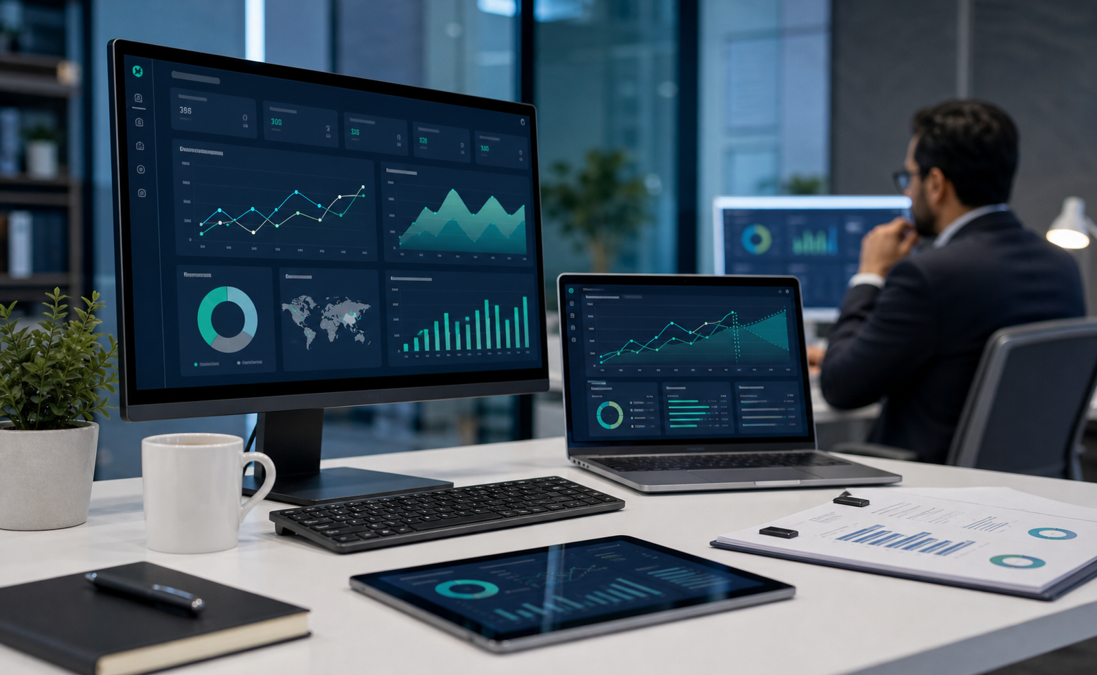 AI business analytics software with charts and forecasting dashboard