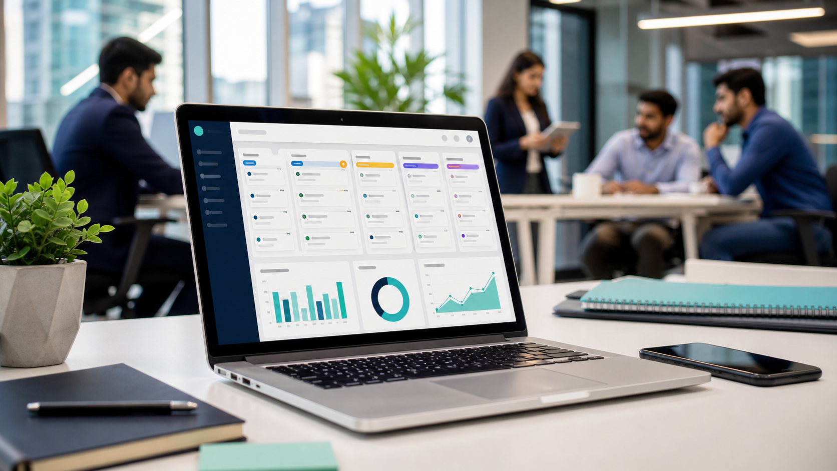 Sales team using CRM pipeline and analytics software